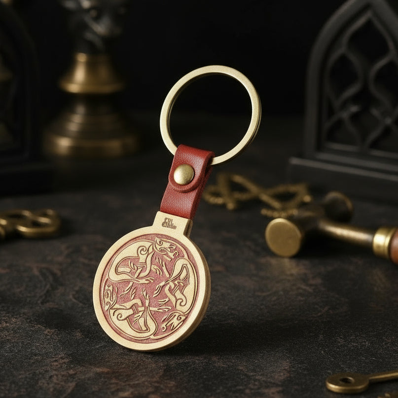 Keychain with red and gold design on a wooden surface