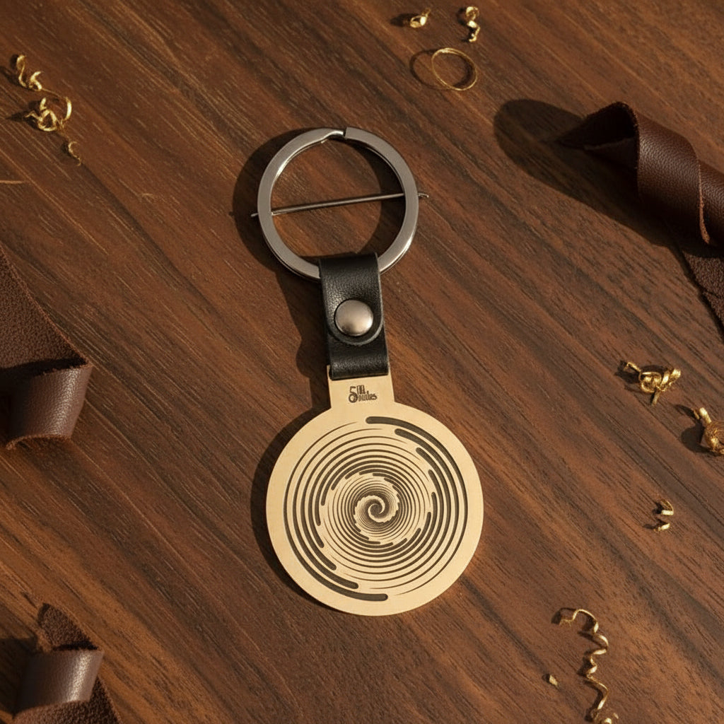 A keychain with a brown spiral design on a brass disc and a black leather strap.