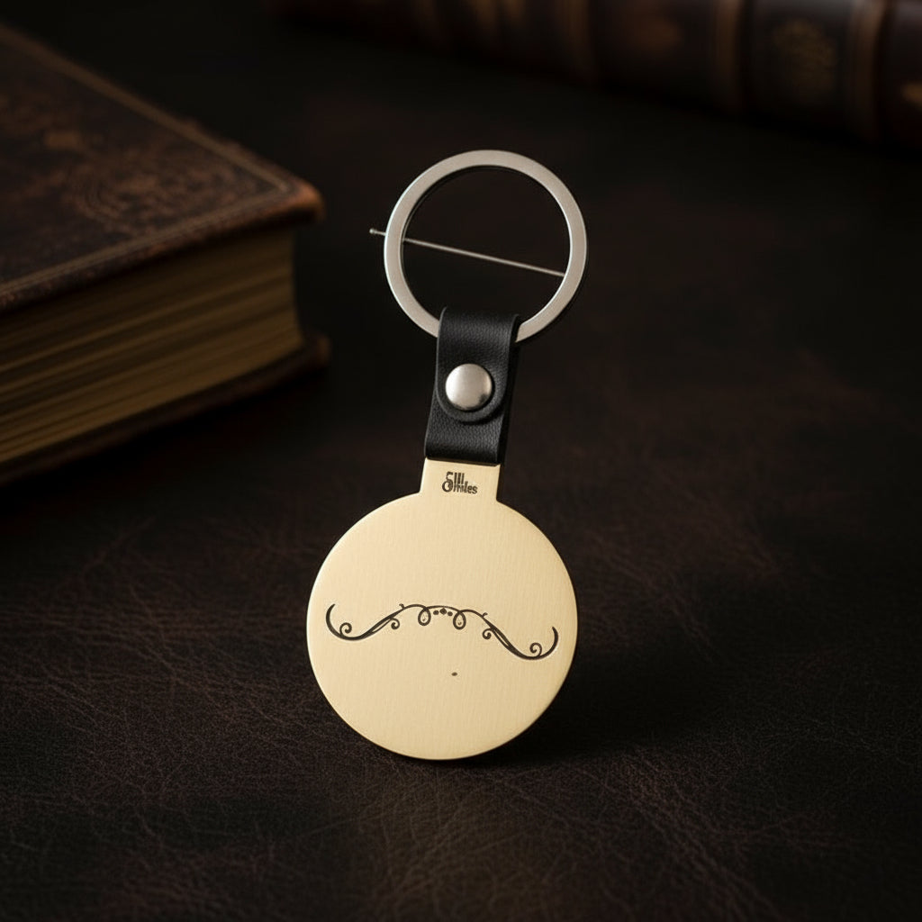 A handcrafted brass and leather keychain with a circular disc design and a strap, against a grey background.