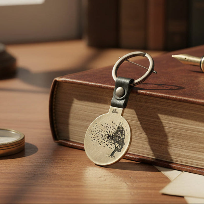 A keychain with a solid brass disc and a genuine leather strap. The brass disc features a design of a woman with leaves around her.