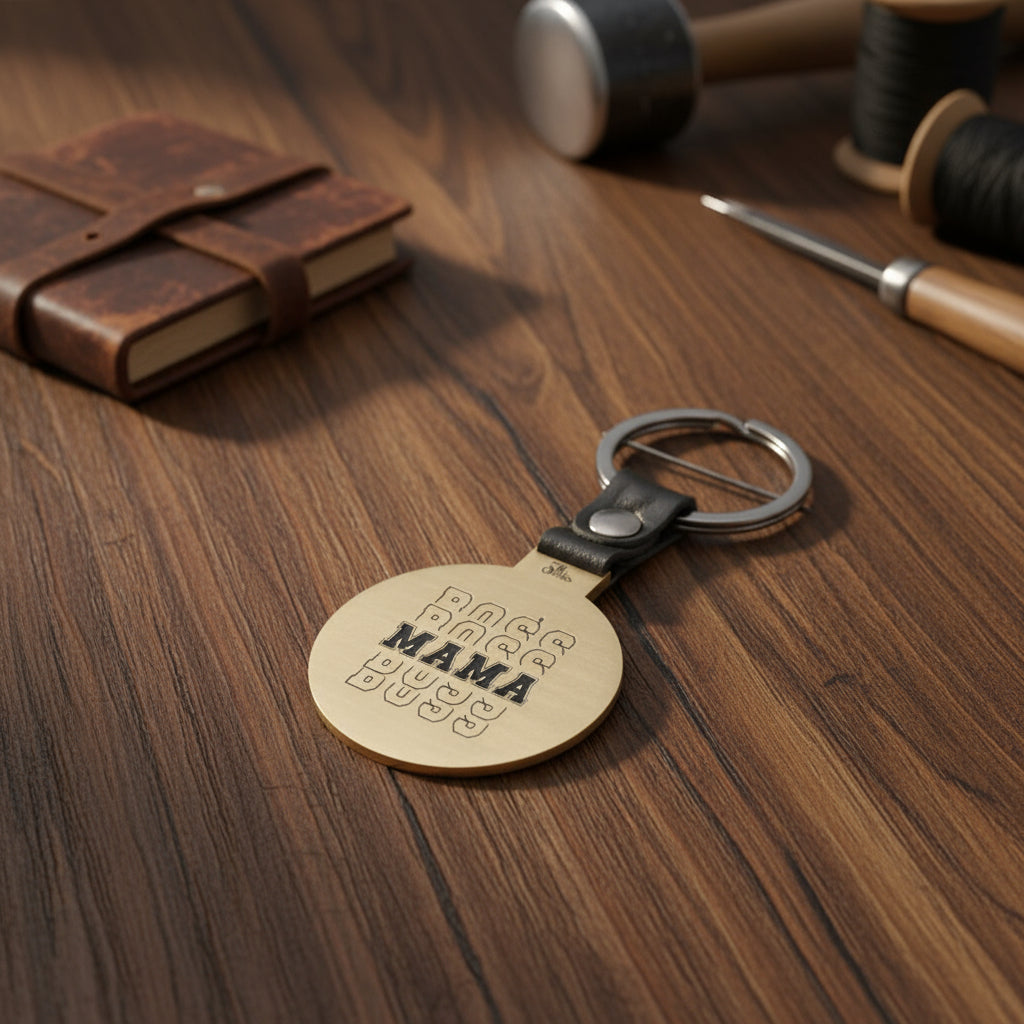 A brass keychain with the word 'MOM' hand-painted on it, attached to a real leather band and a metal ring.