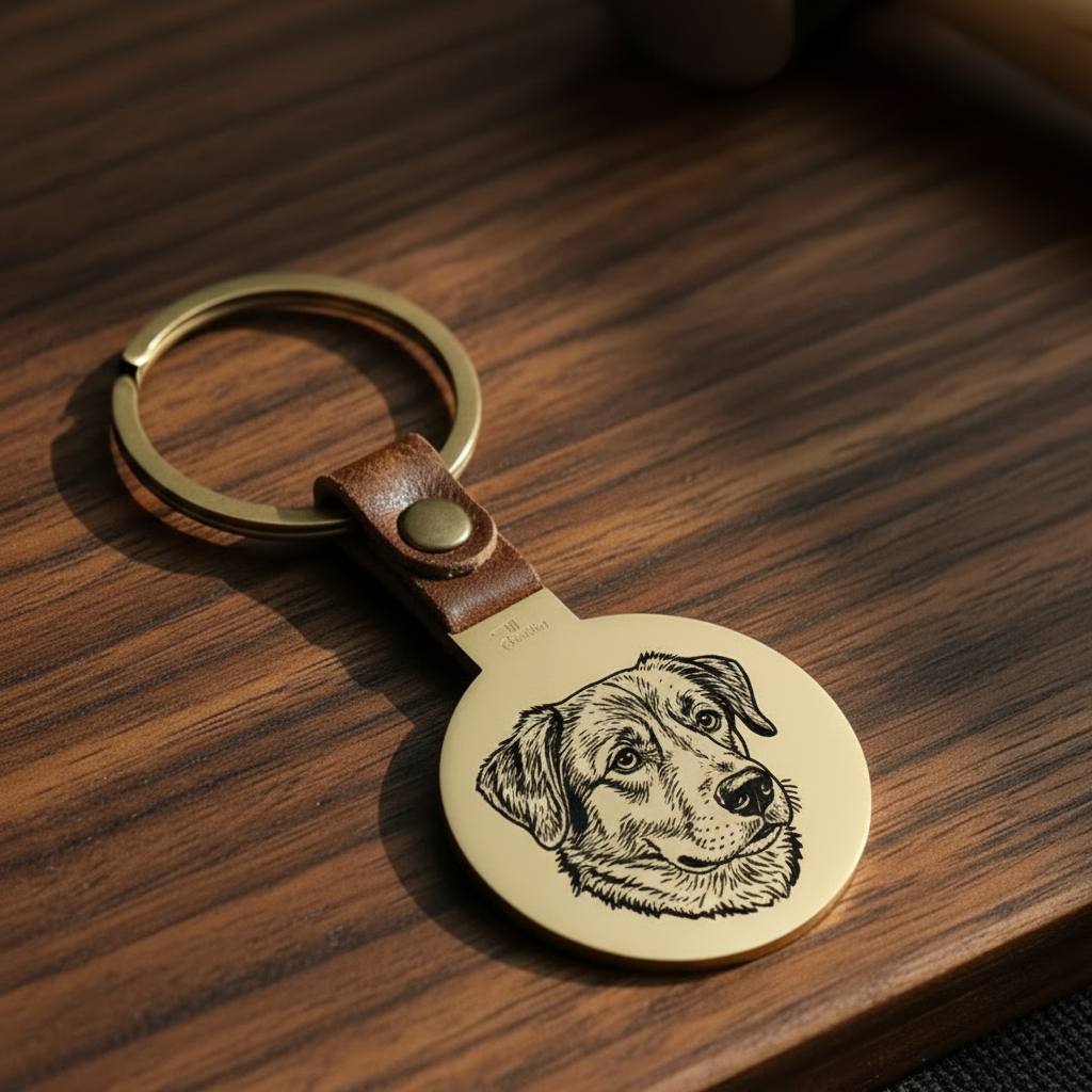 Brass keychain with a philosopher design on a wooden surface