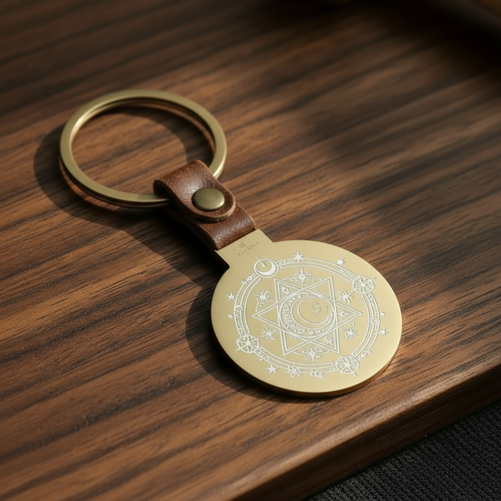 Brass keychain with a custom design on a wooden surface