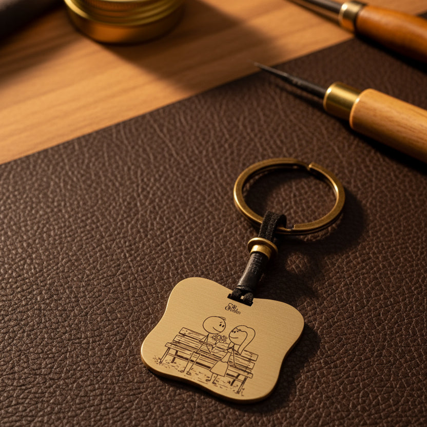 A handcrafted brass keychain with a whimsical hand-painted design featuring stick figures, attached to a real leather band.
