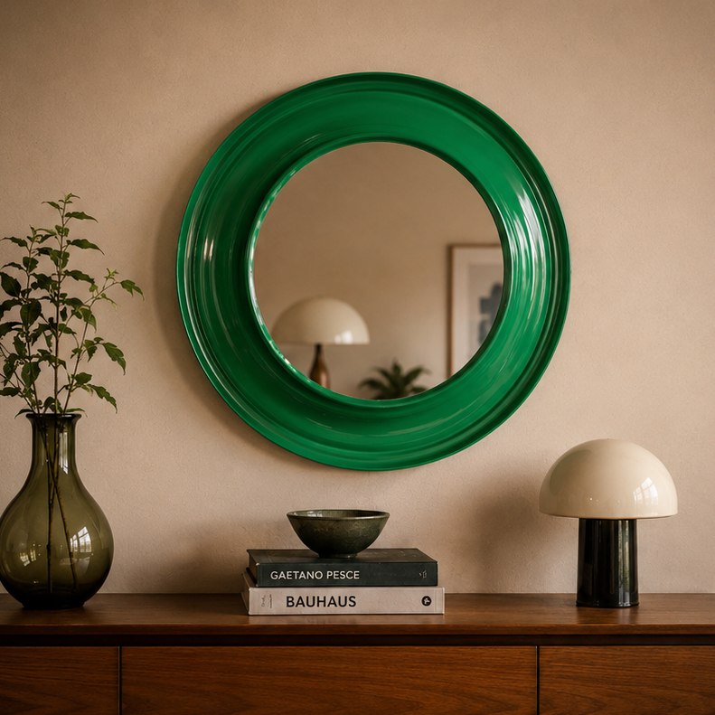 Emerald Green Space Age Mirror in styled interior setting