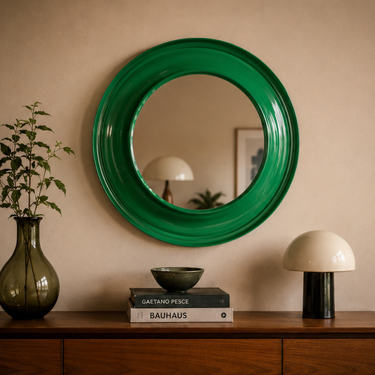Emerald Green Space Age Mirror in styled interior setting