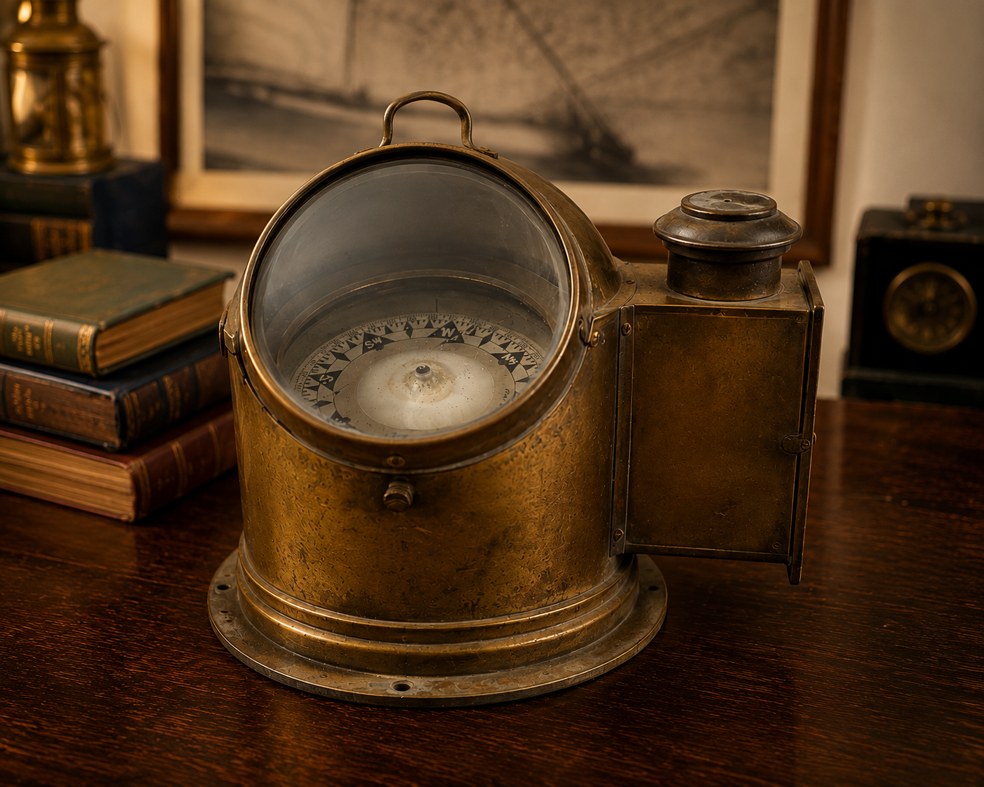 Sestrel brass marine compass front view with compass card visible