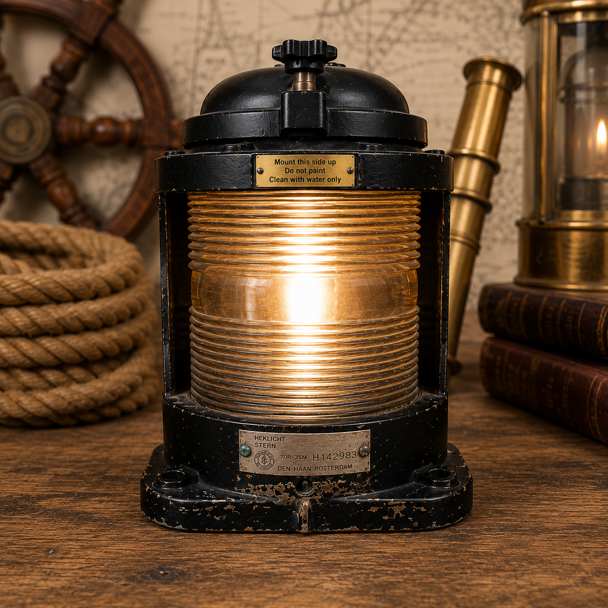Vintage Den Haan Rotterdam marine stern light illuminated, front view
