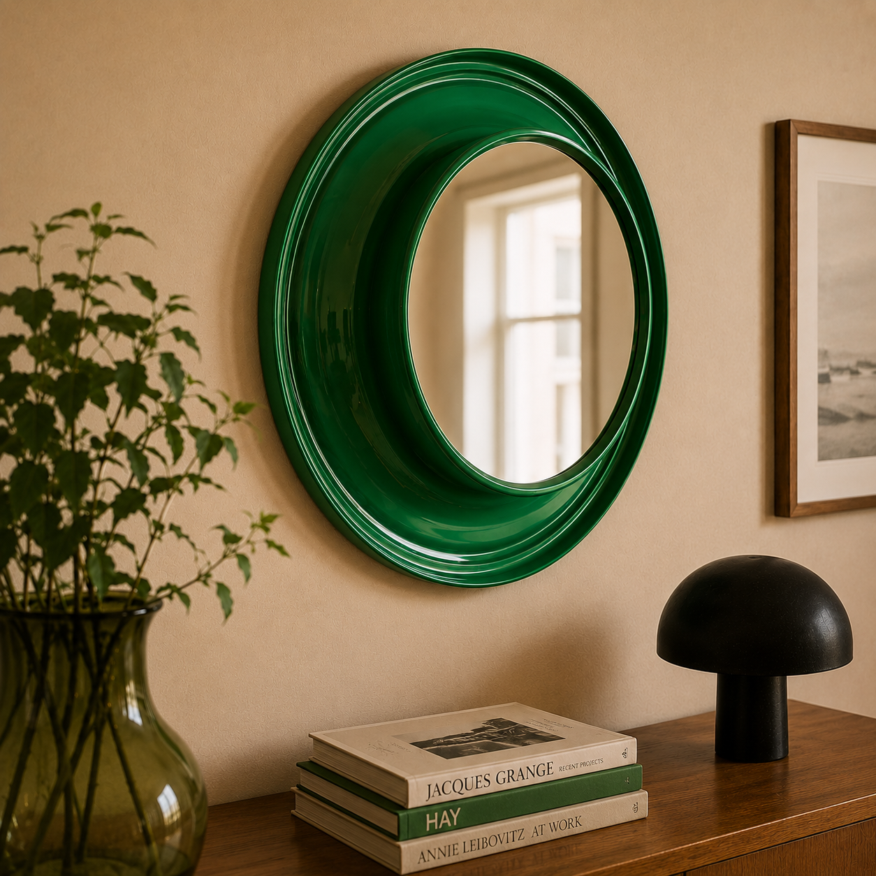 Emerald Green Space Age Mirror styled on sideboard