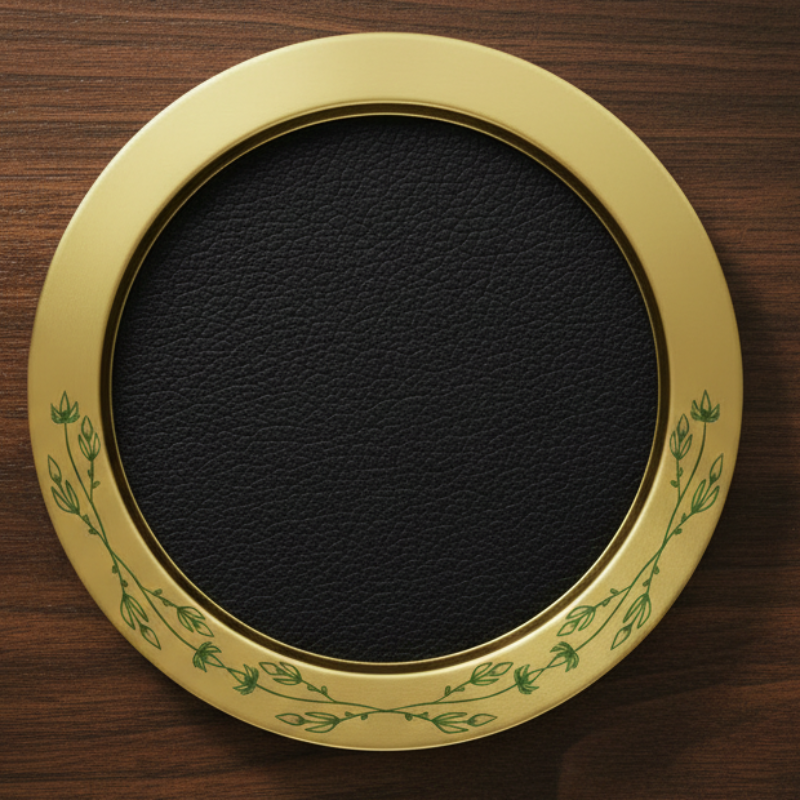 Gold coaster with green decorative border on a wooden table background