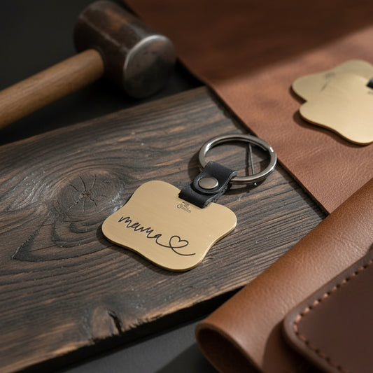 A brass keychain with the word 'MOM' hand-painted on it, attached to a real leather band and a metal ring.