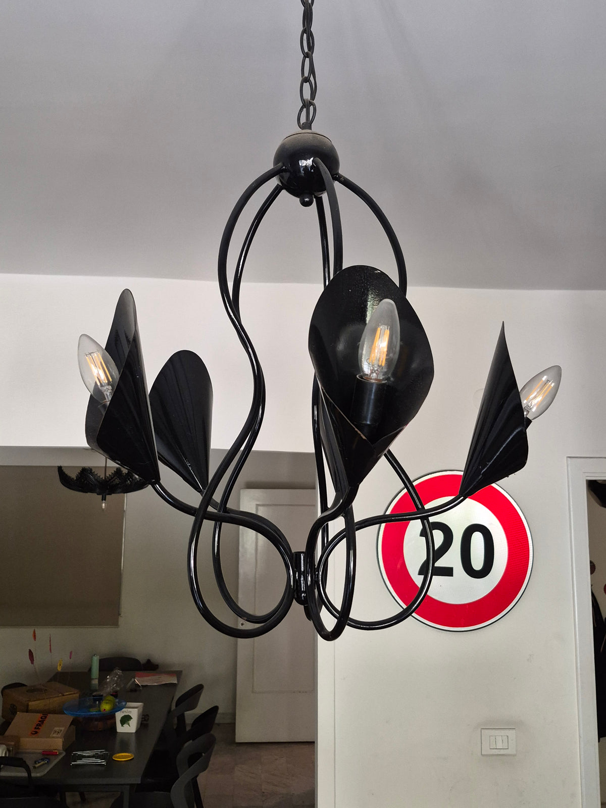 Black wrought iron chandelier - close up