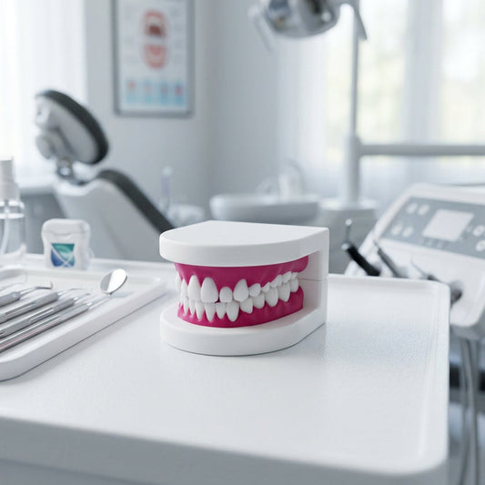 A 3D-printed dental model or mouth-trainer device with white plastic jaw components and pink inner lining, shown resting on a wooden tabletop.