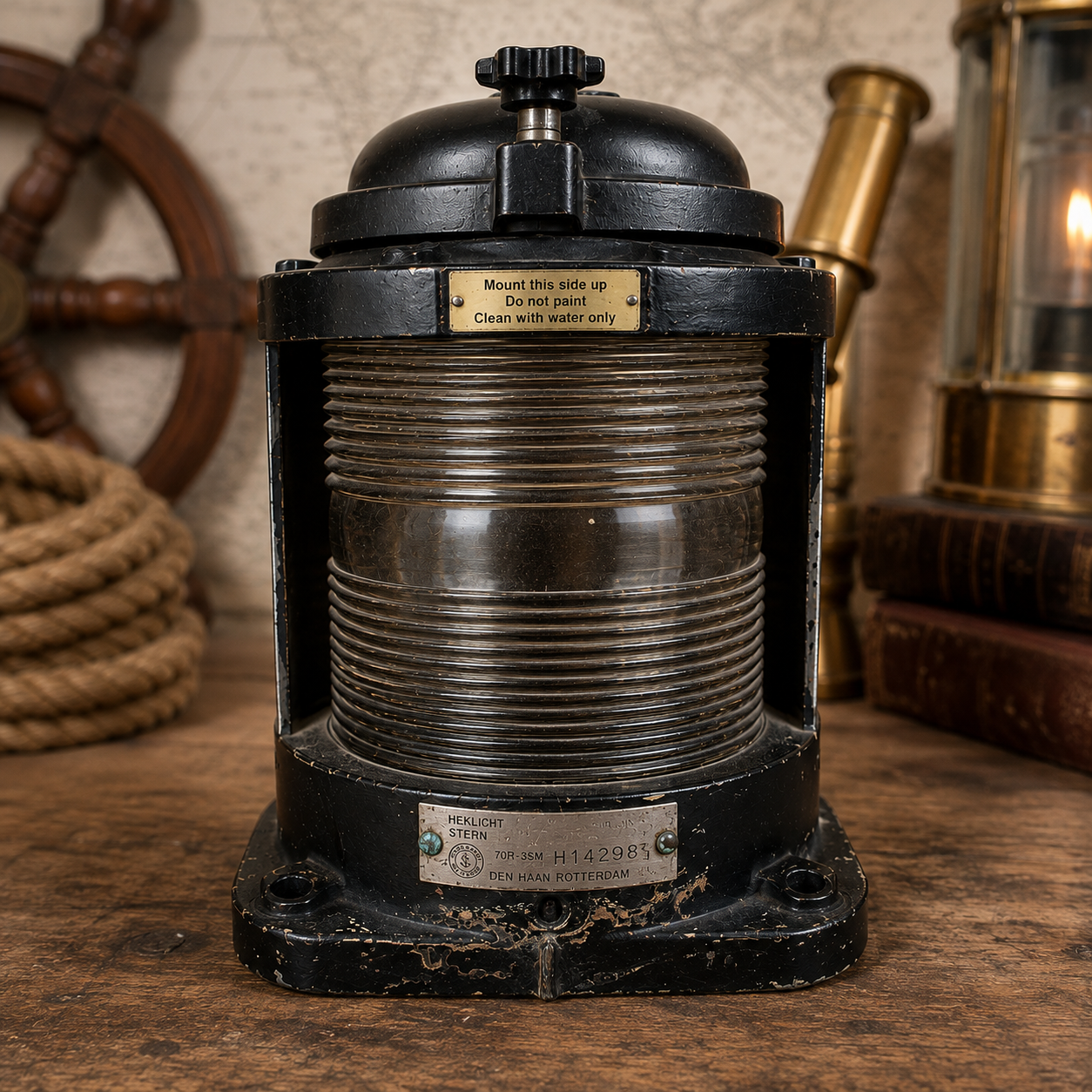 Vintage Den Haan Rotterdam marine stern light, unlit front view