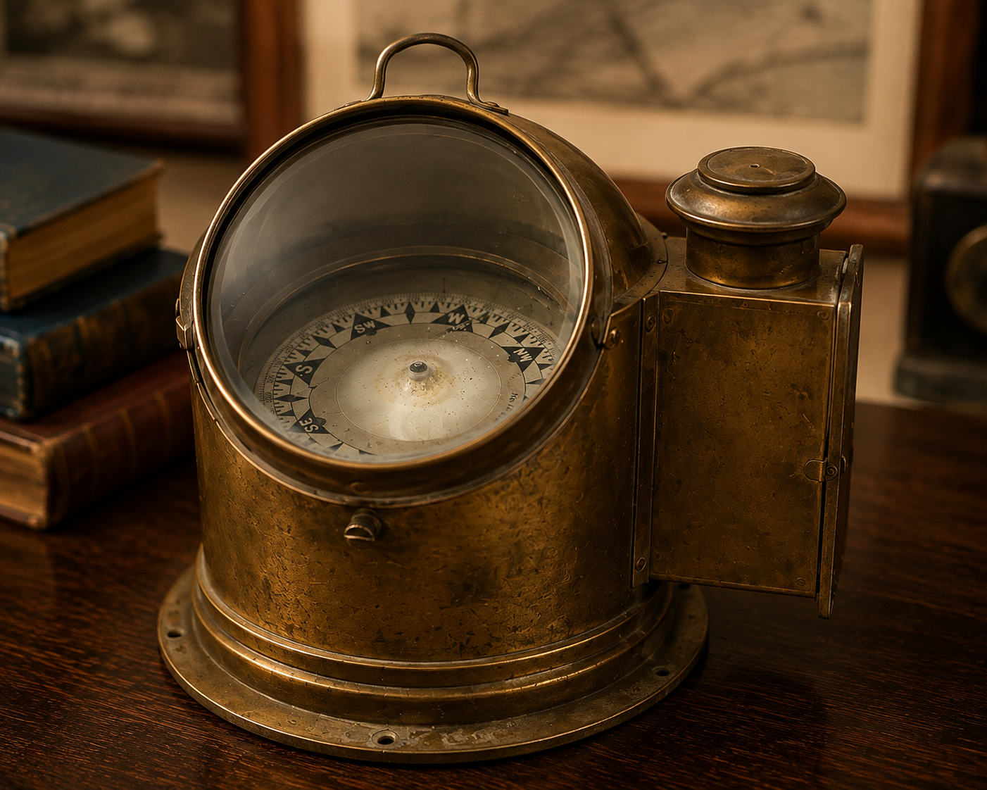 Sestrel brass marine compass angled view showing oil lamp compartment