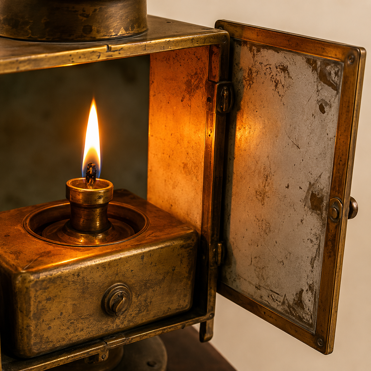 Sestrel compass oil lamp burning inside illumination compartment
