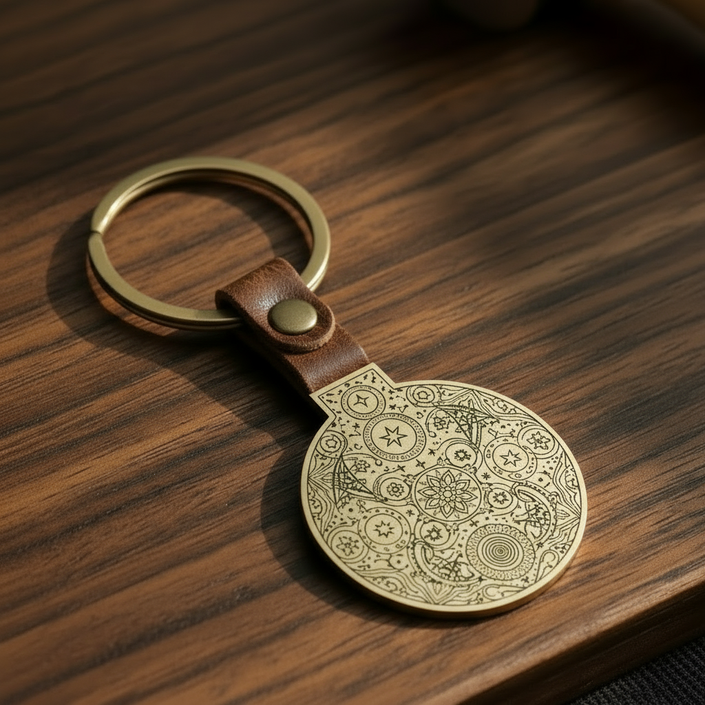 Brass keychain with a custom design on a wooden surface