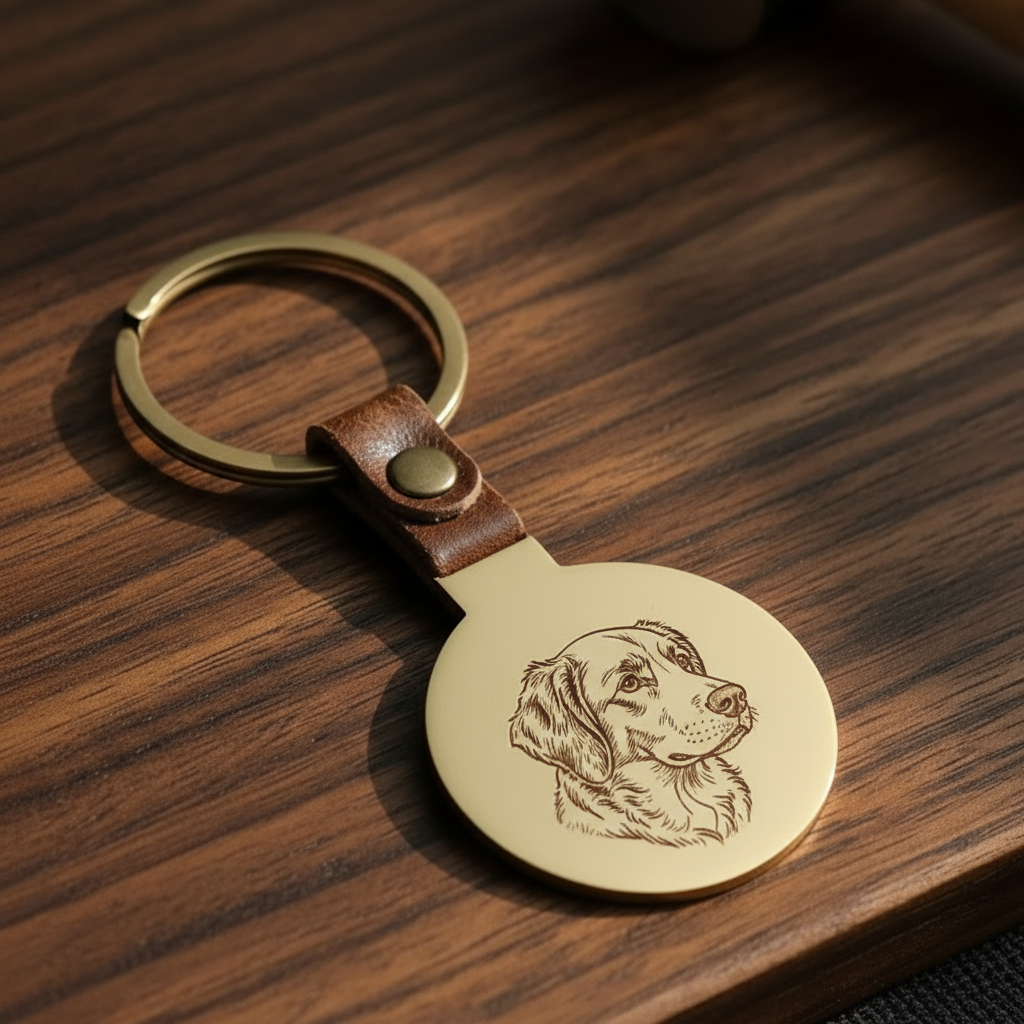 Brass keychain with a custom etching design on a wooden surface