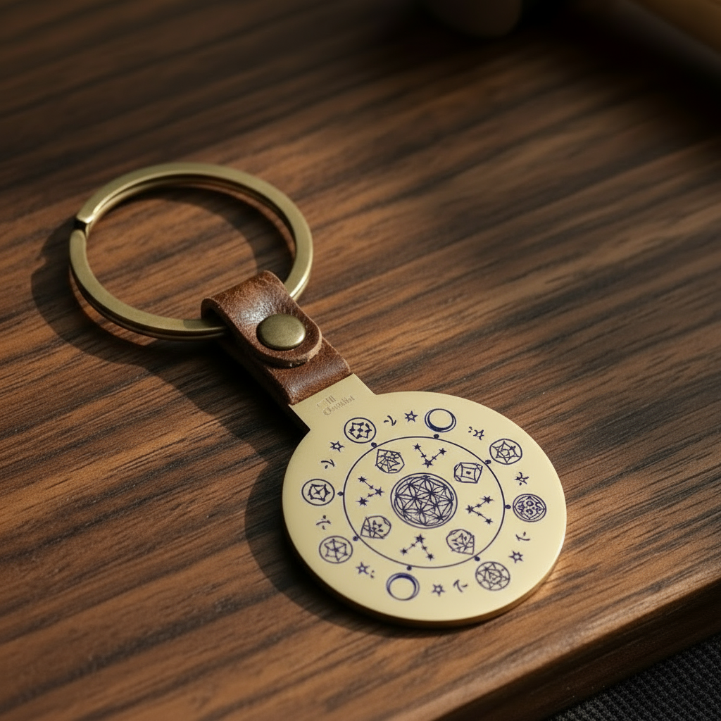 Gold keychain with a custom design on a wooden surface