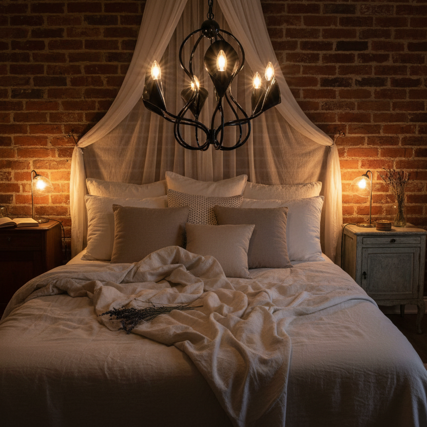 Black wrought iron chandelier in vintage bedroom