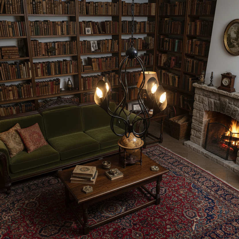 Black wrought iron chandelier in vintage living room