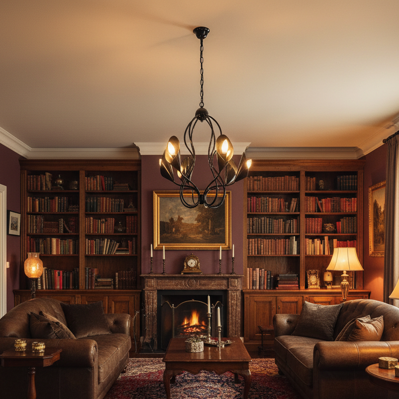 Black glossy wrought iron chandelier in vintage living room