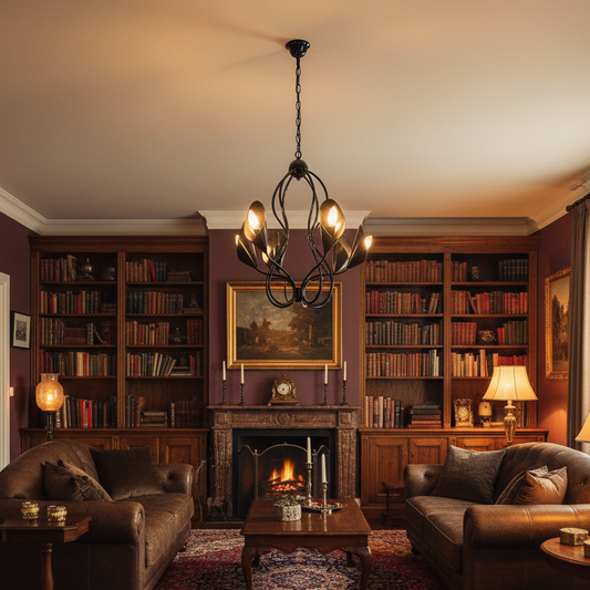 Black glossy wrought iron chandelier in vintage living room