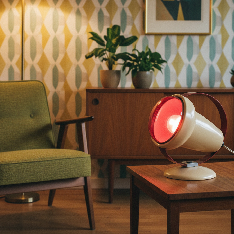 Philips Infraphil on table, 1950s interior